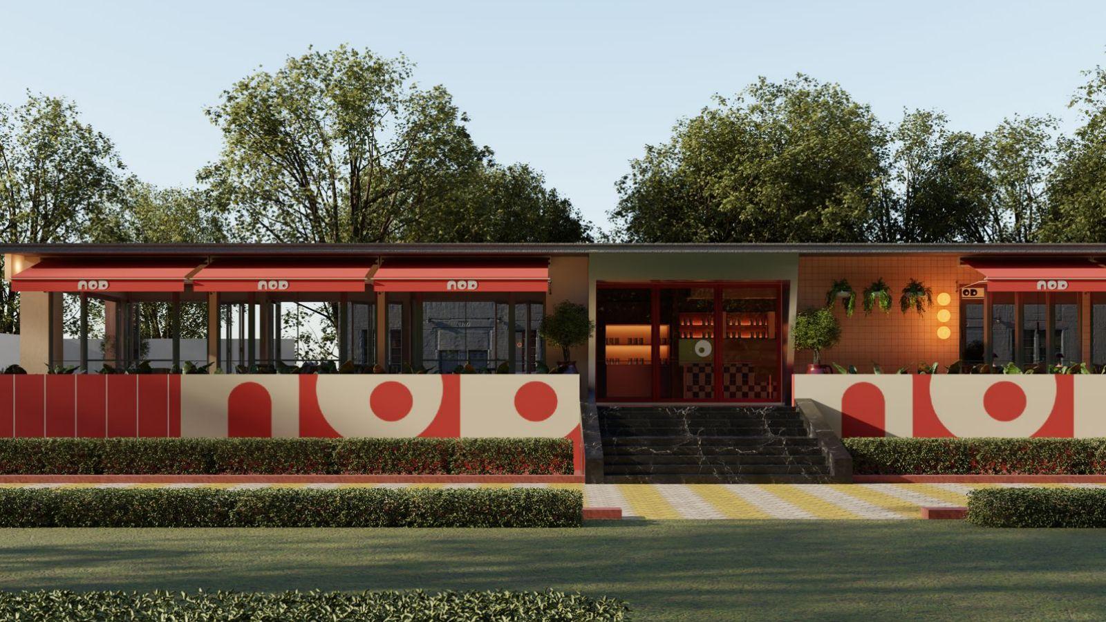 NOD café facade with red awnings