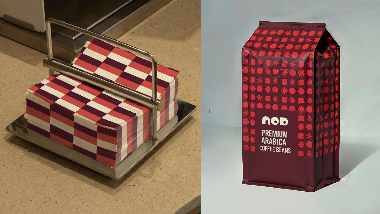 NOD Premium Arabica coffee beans and checked napkins